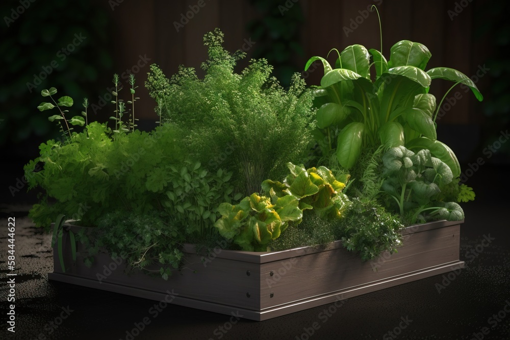  a wooden box filled with lots of different types of plants and plants growing out of the top of it