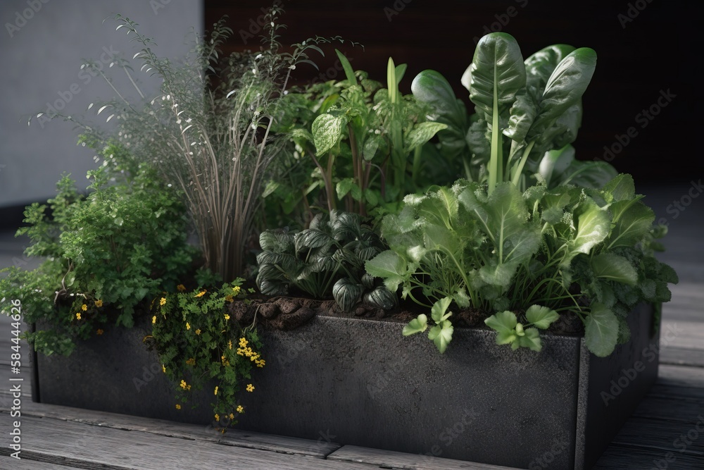  a group of plants that are sitting in a planter on a wooden table, some of which are green and some