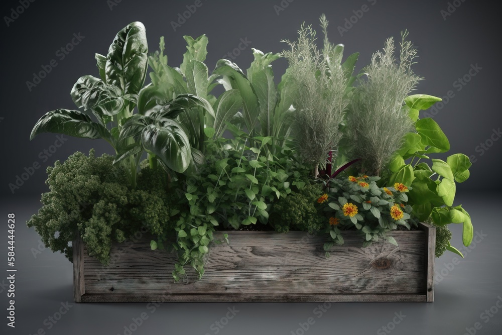  a wooden planter filled with lots of green plants and plants growing out of the top of its wooden 