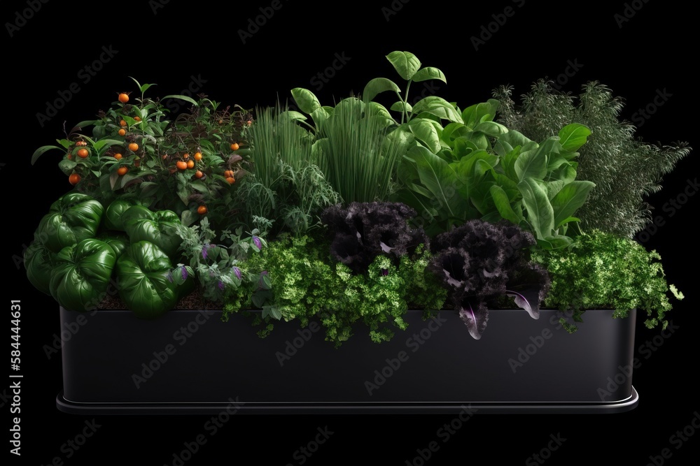  a black container filled with lots of different types of vegetables and plants on a black backgroun