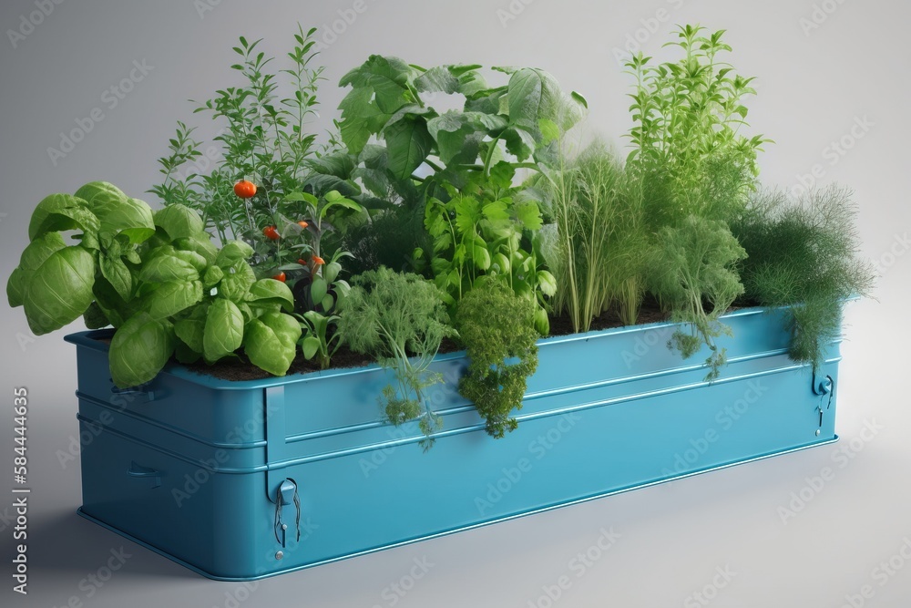  a blue container filled with lots of different types of vegetables and herbs on a white surface wit