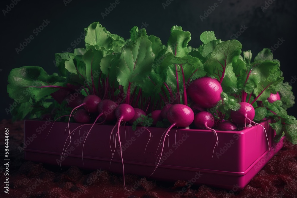  a purple container filled with lots of green leafy vegetables on a table top next to a dark wall wi