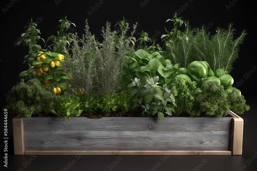  a wooden planter filled with lots of green plants and vegetables on top of a black background with 