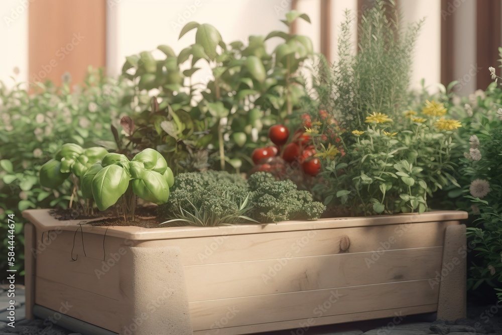  a wooden box filled with lots of green plants and tomatoes on top of a stone floor next to a window