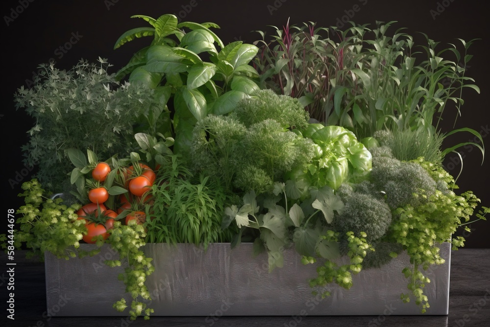  a metal planter filled with lots of different types of vegetables and plants next to a black wall w