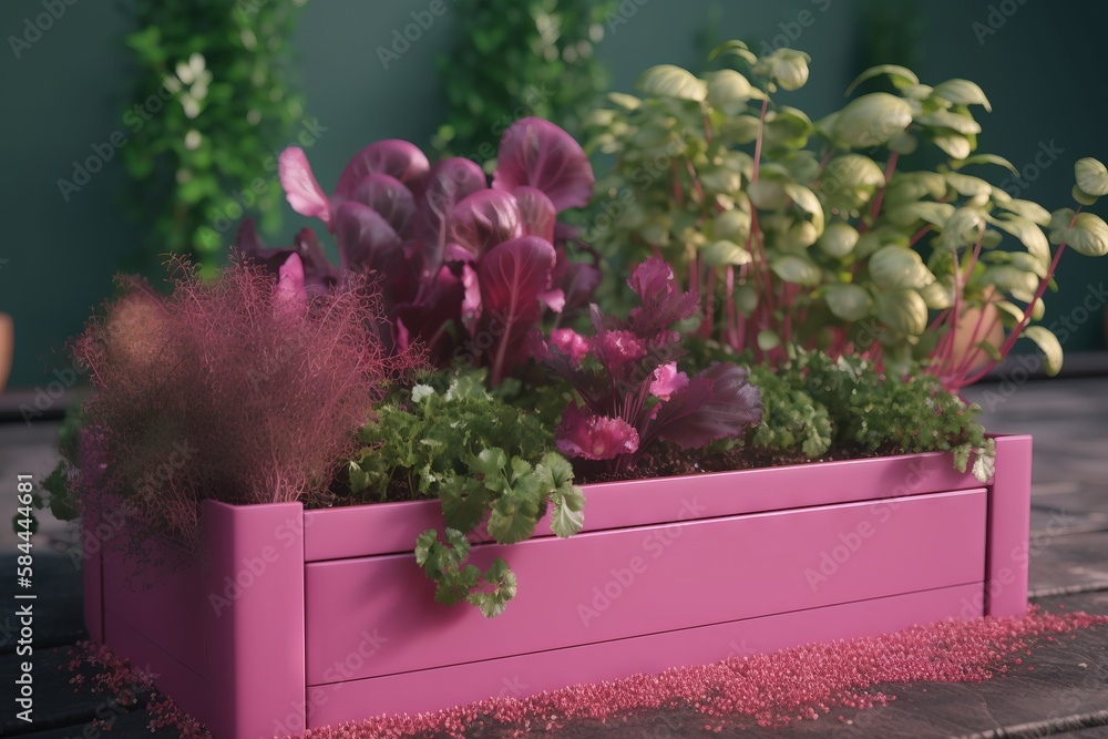  a pink planter filled with lots of flowers on top of a wooden table next to a green planter filled 