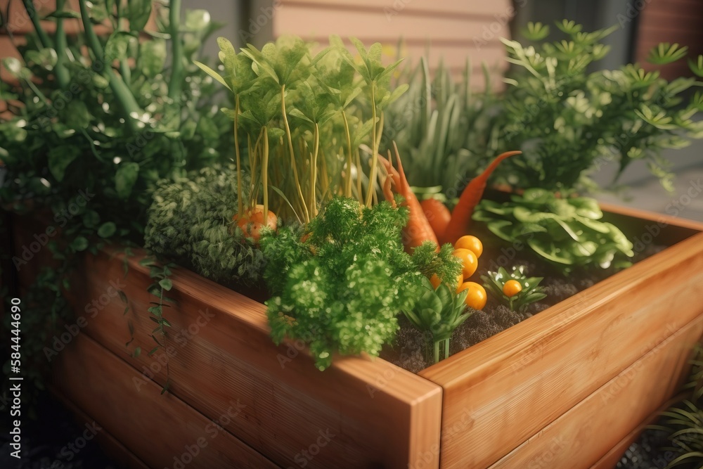  a wooden planter filled with lots of different types of vegetables in its centerpieces and plants 