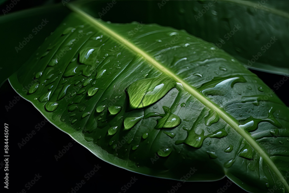 Rain drop on green leaf. Illustration AI Generative