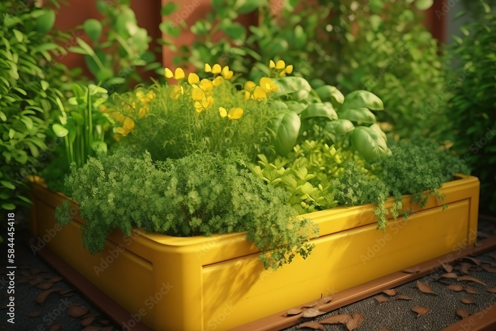  a yellow container filled with lots of green plants and flowers next to a building and a fenced in 