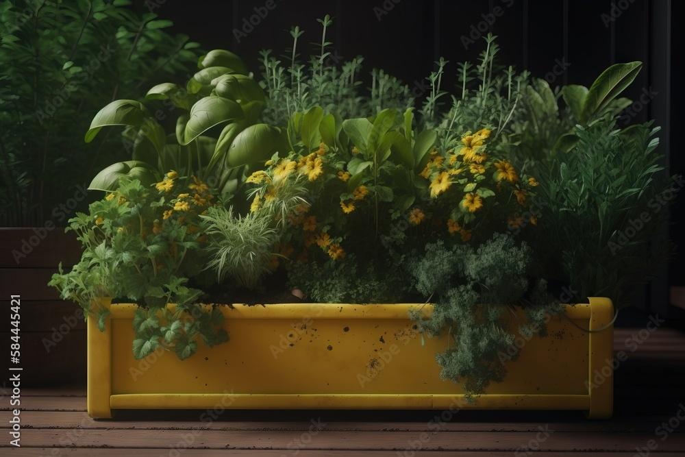  a yellow planter filled with lots of green and yellow flowers next to a wooden deck with potted pla