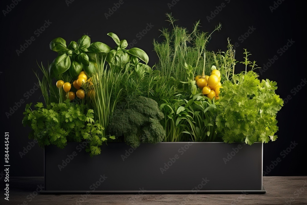  a variety of vegetables are in a black box on a table top, with a black background, and a black bac