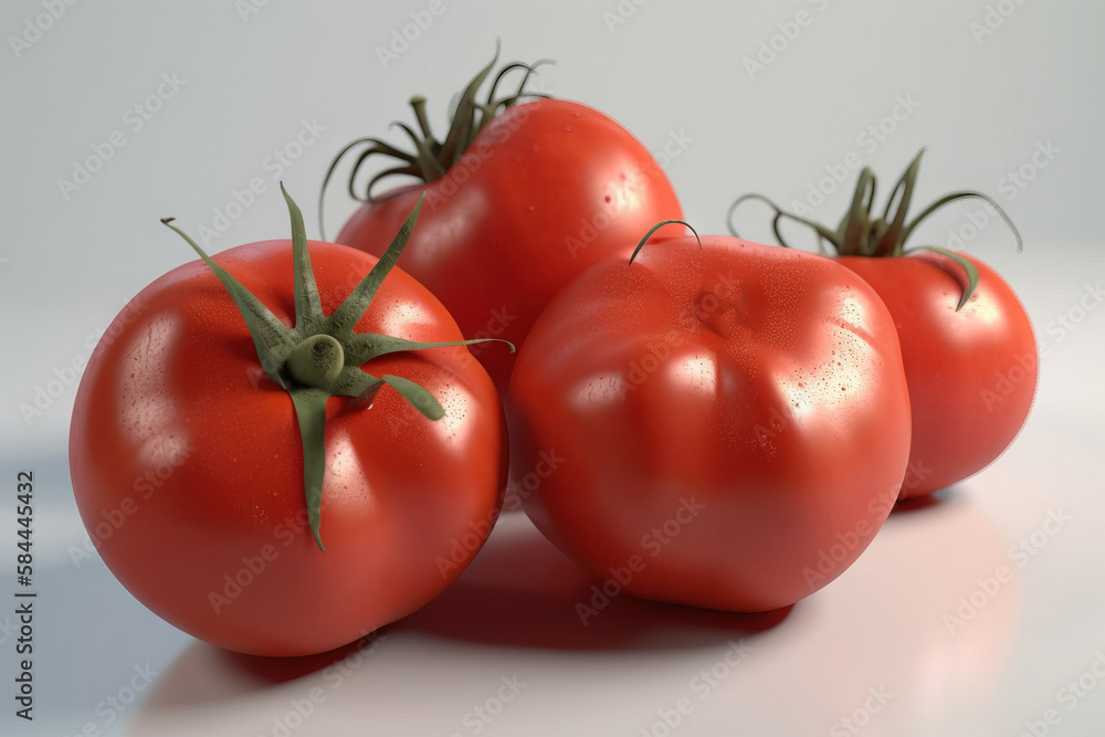  a group of four tomatoes sitting on top of a white table top next to a white wall with a green stem