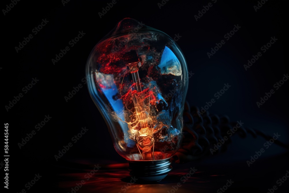  a light bulb with a lot of lights inside of it on a dark surface with a black background and a red 