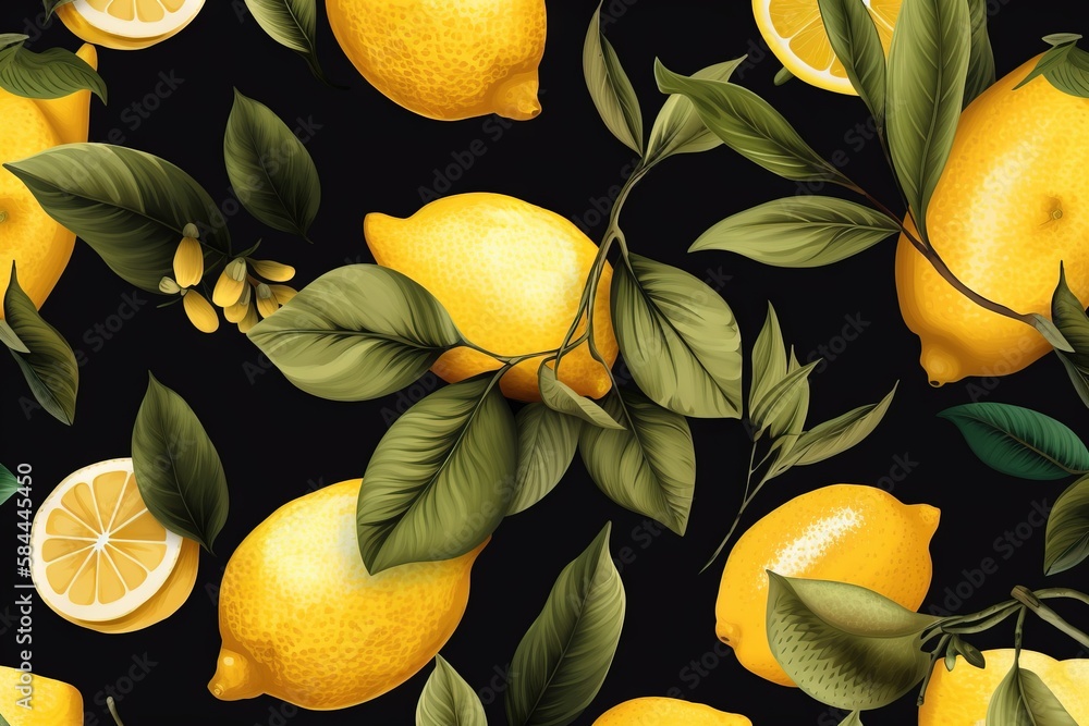  a bunch of lemons that are on a branch with leaves and flowers on a black background with leaves an