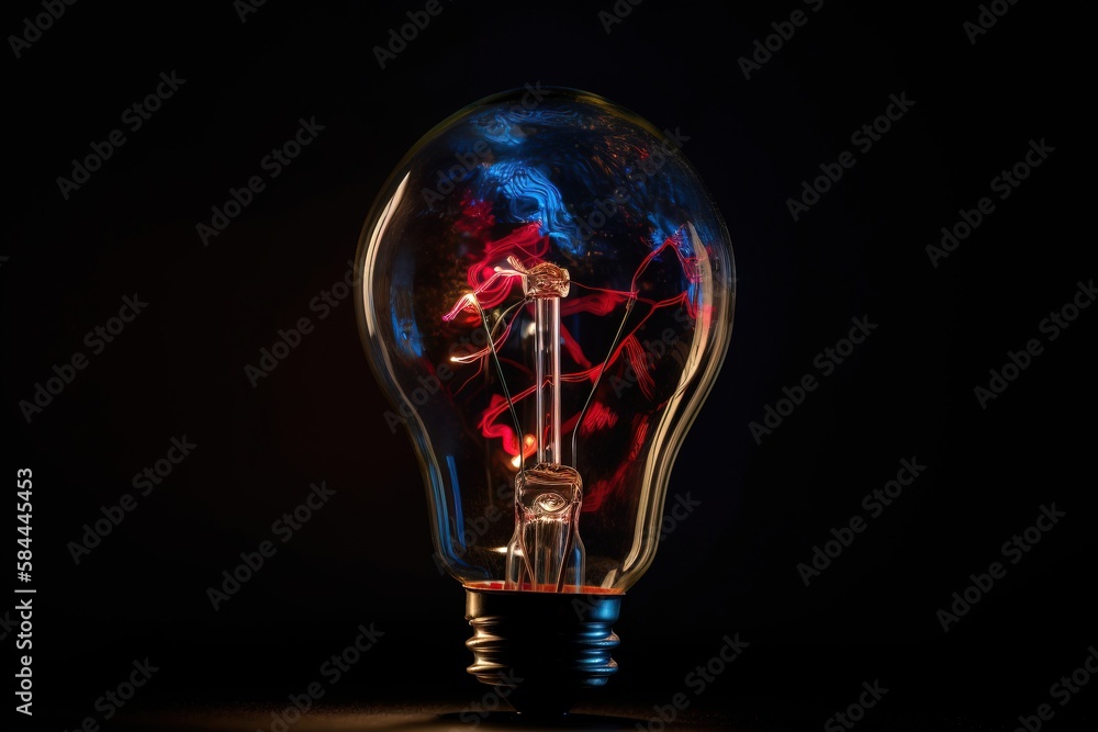  a light bulb with a red and blue swirl inside of it on a black background with a red and blue swirl