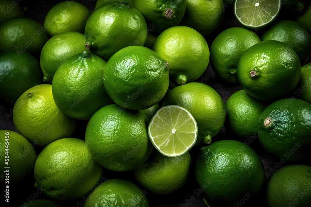  a pile of limes with one lime cut in half and a whole lime in the middle of the pile with the whole