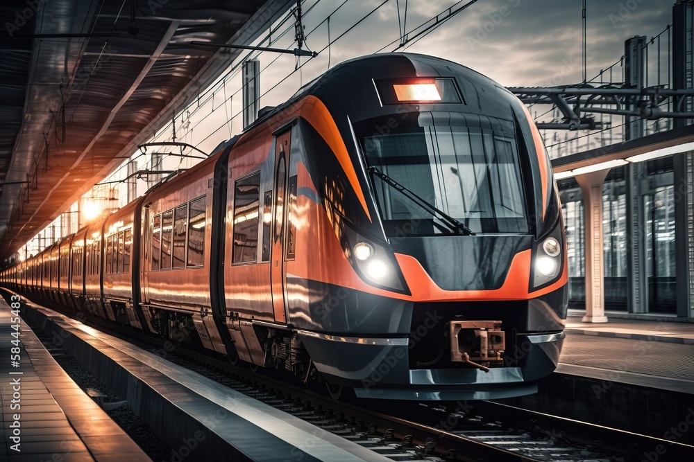  a train that is sitting on the tracks in a train station at night with the sun shining down on the 