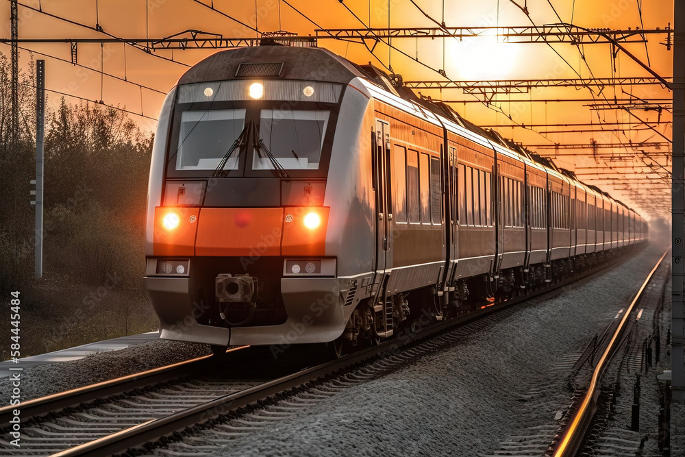  a train is traveling down the tracks at sunset or sunrise time with the sun shining down on the tra