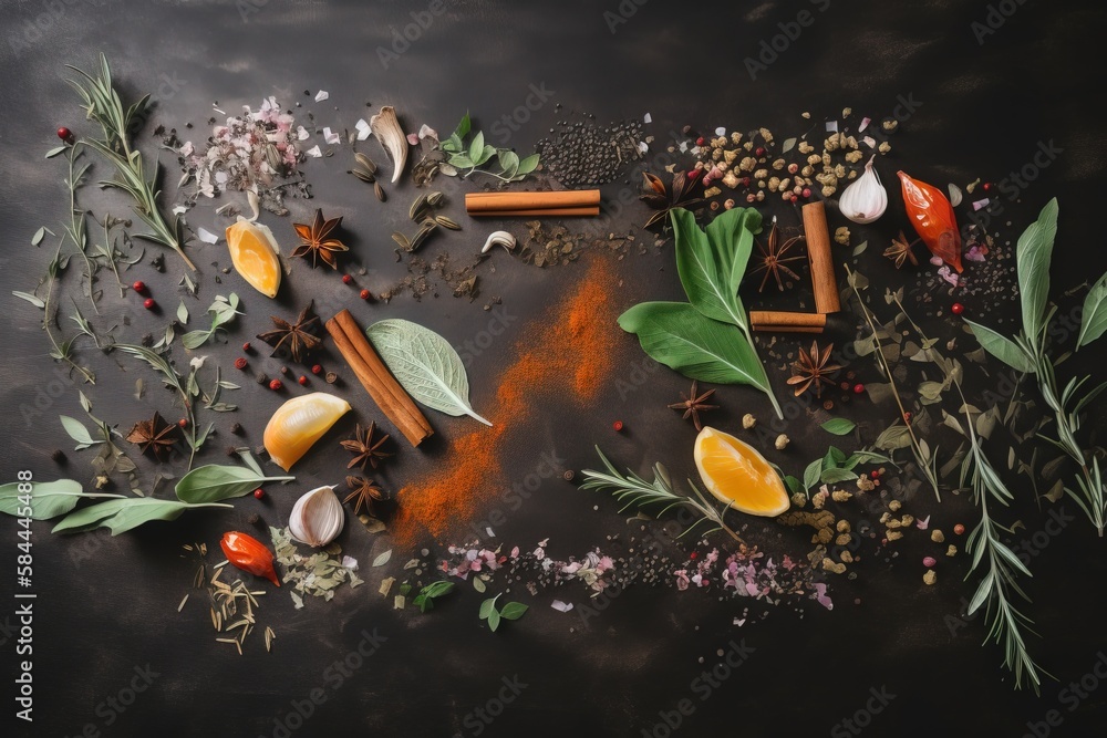  spices, herbs, and spices on a black surface with leaves and spices on the side of the table top vi