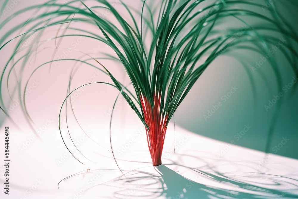  a red plant with long green leaves on a white surface with a shadow of a plant on the floor and a p