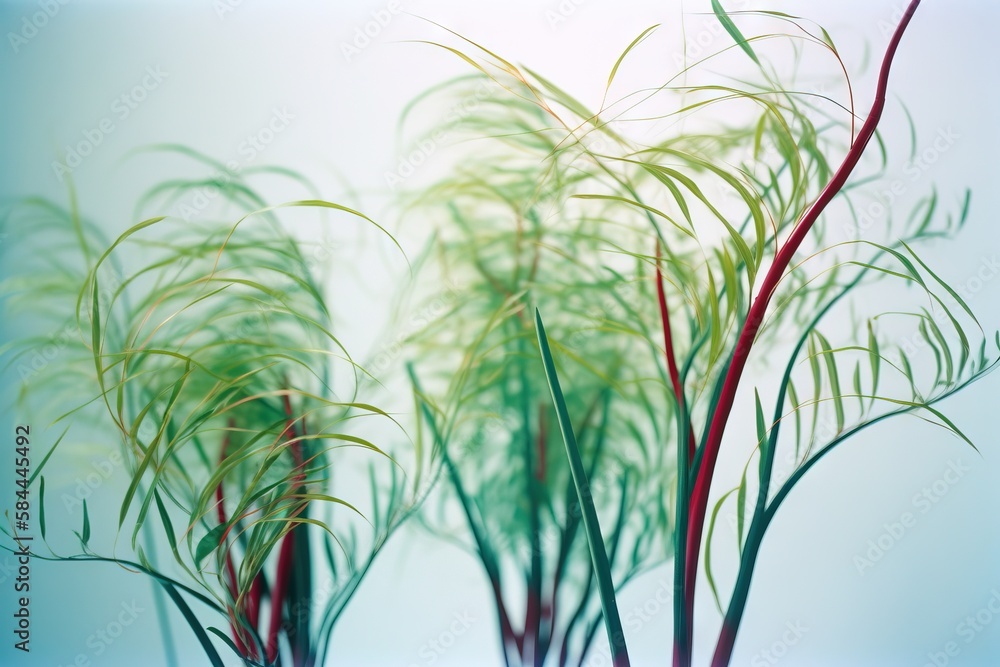  a close up of a plant with long green stems and red stems in a glass vase on a blue background with