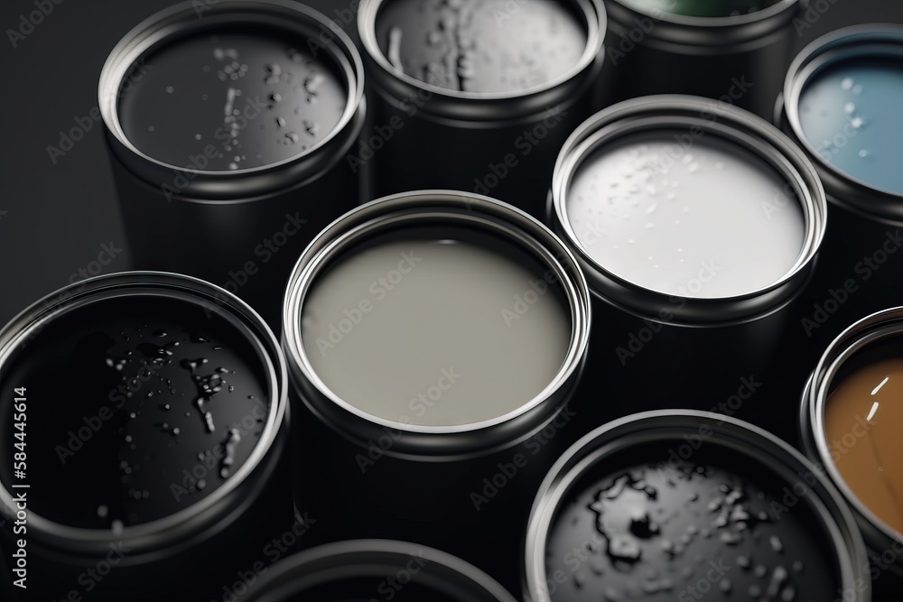  a group of paint cans with different colors of paint in them on a black surface with water droplets