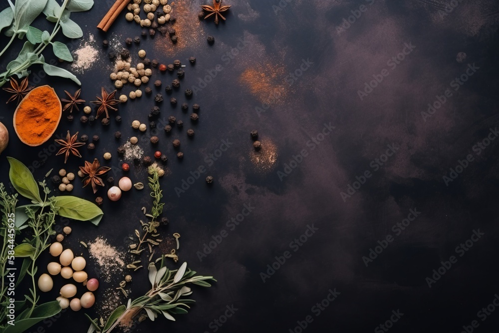  a table topped with lots of different types of spices and herbs on top of a black surface with oran