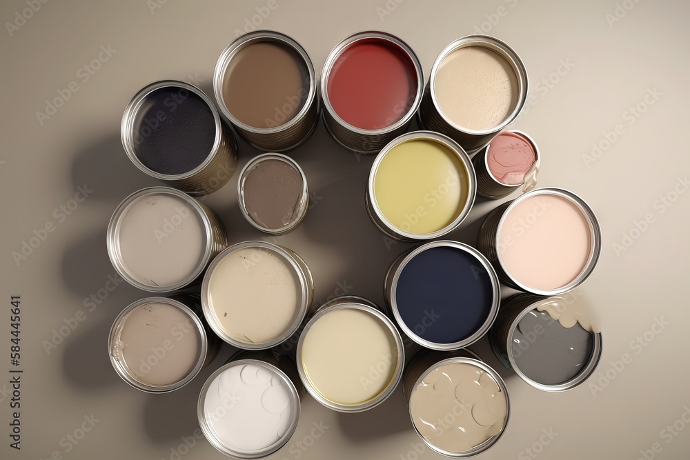  a group of paint cans with different colors of paint in them on a white surface with a shadow on th