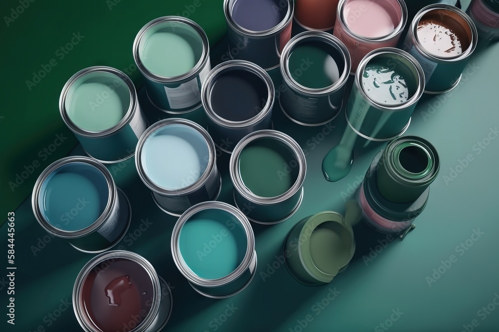  a group of paint cans filled with different colors of paint on a green surface with a shadow on the