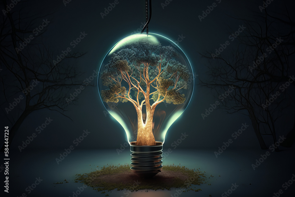 Thee in Light Bulb. Illustration AI Generative.