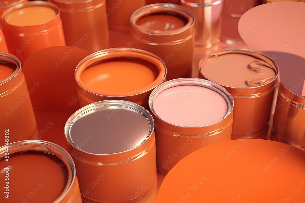  a group of orange paint cans sitting next to each other on top of a floor covered in orange and pin