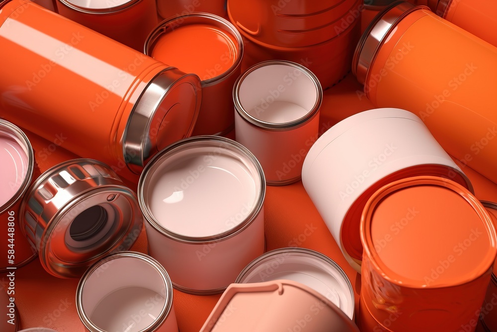  a group of orange paint cans with white paint on them and one red paint can in the middle of the pi