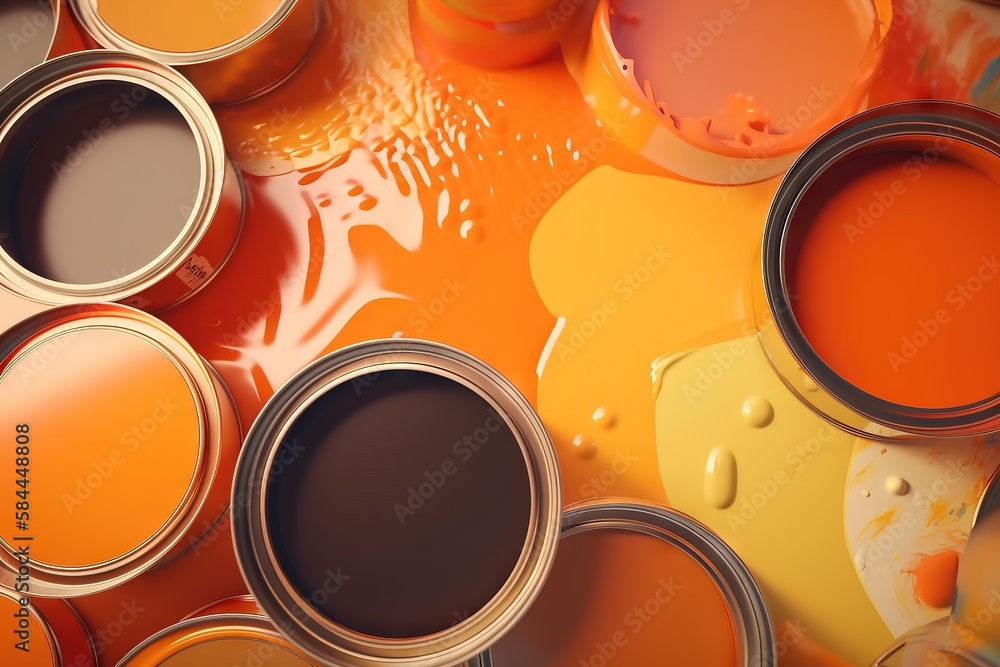  a group of paint cans filled with orange and brown paint, with one of the cans filled with brown an