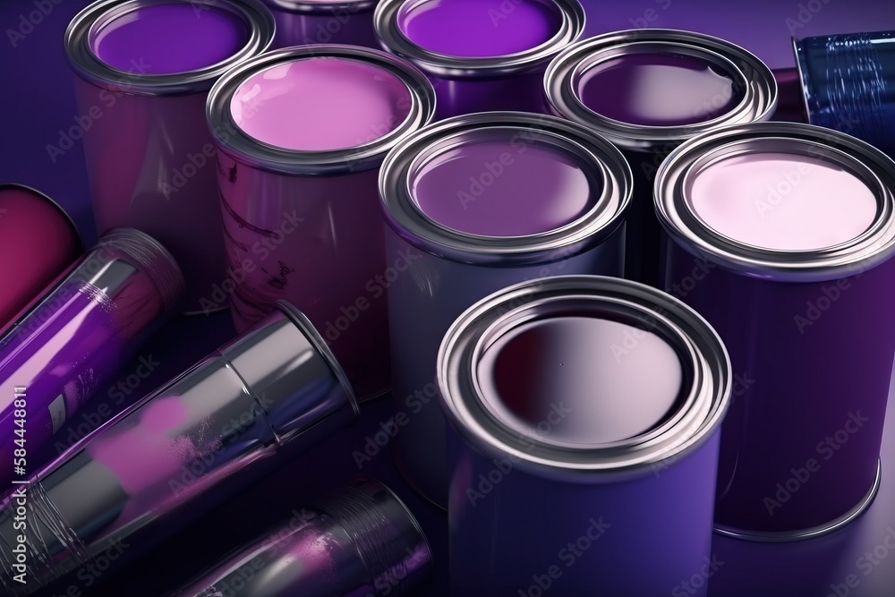  a group of purple paint cans with one purple paint in the middle of the cans and one purple paint i