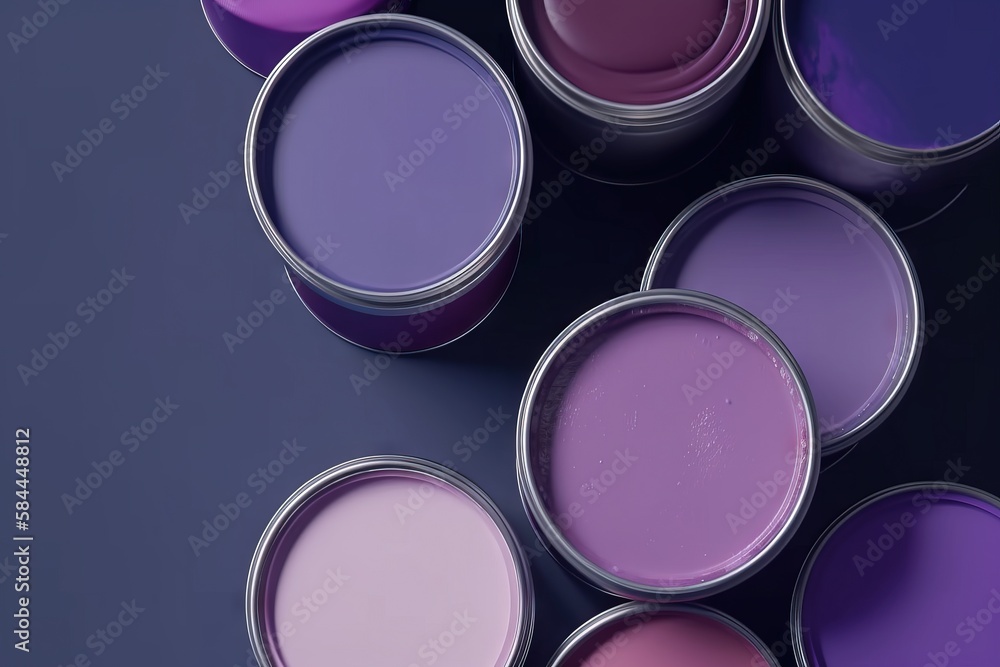  a group of purple paint cans sitting on top of a table next to each other on a black surface with a