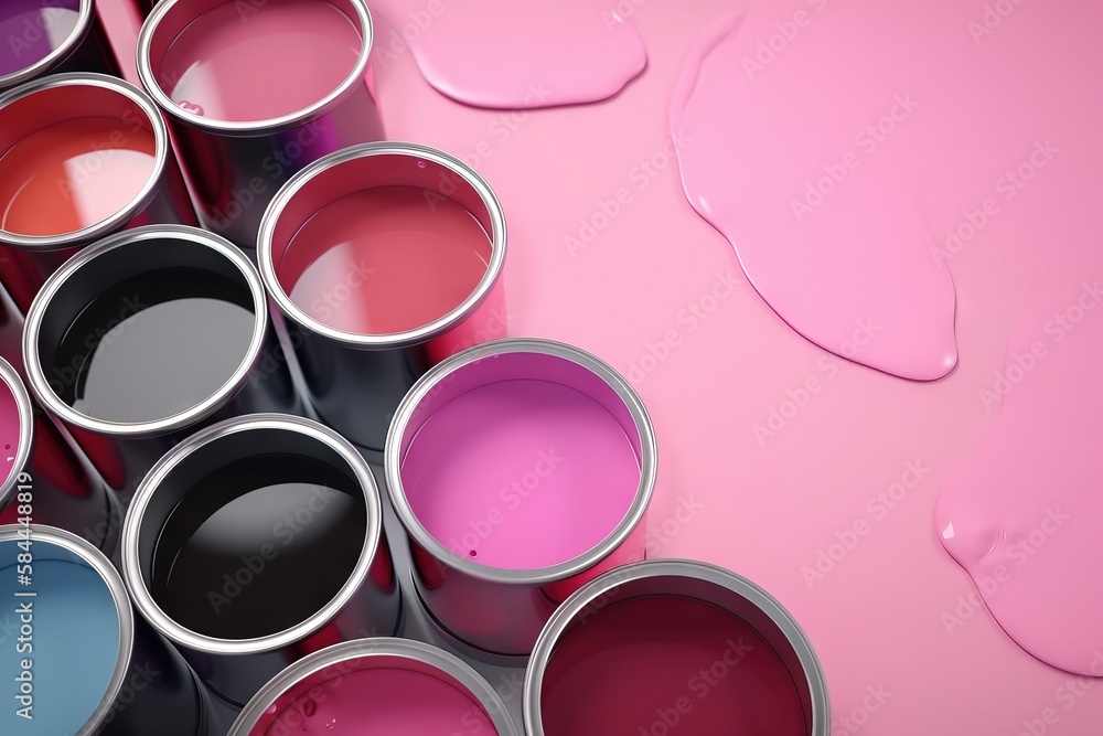  a group of paint cans with different colors of paint on them and a pink background with a few drops