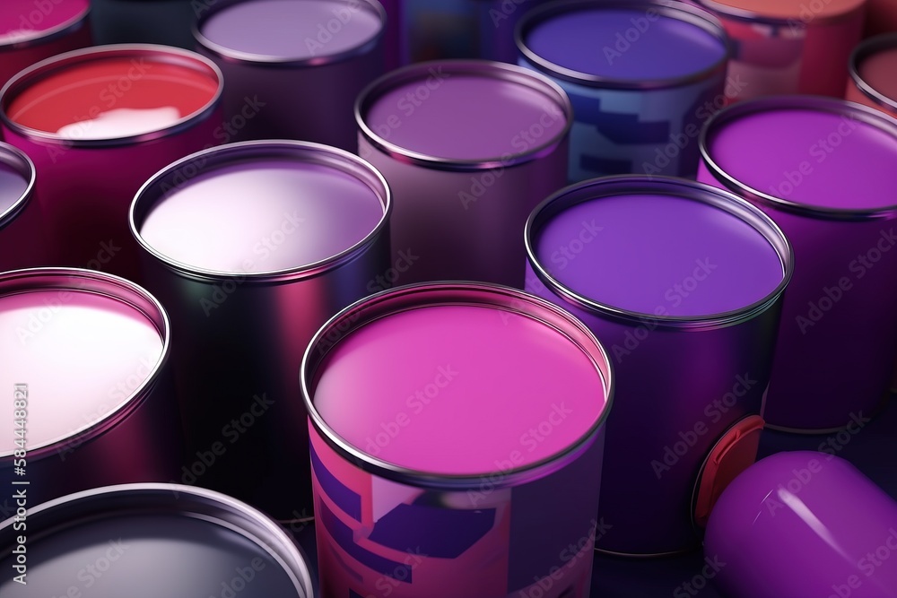  a group of paint cans with different colors of paint in them, all of which are purple and red, all 