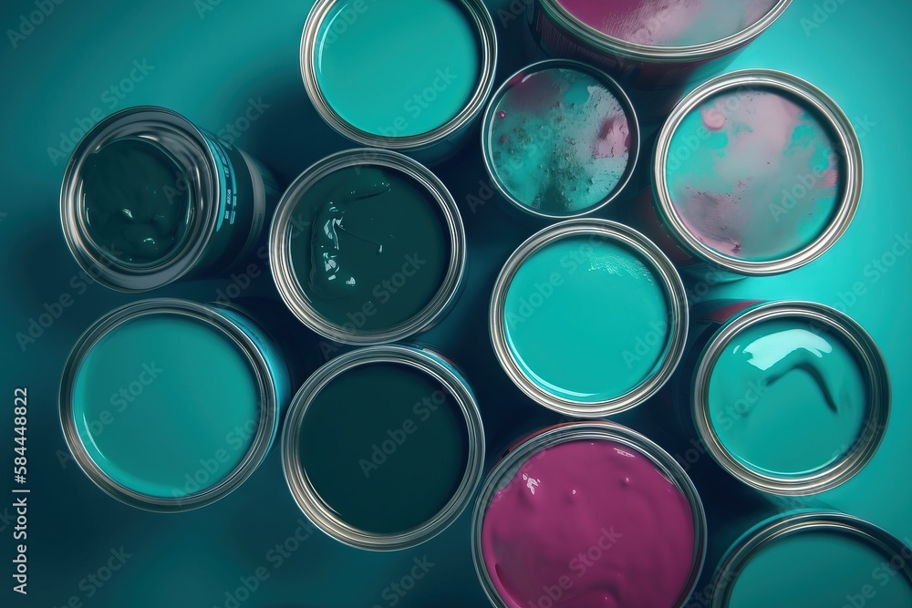  a group of paint cans with different colors of paint in them on a blue background with a white spot