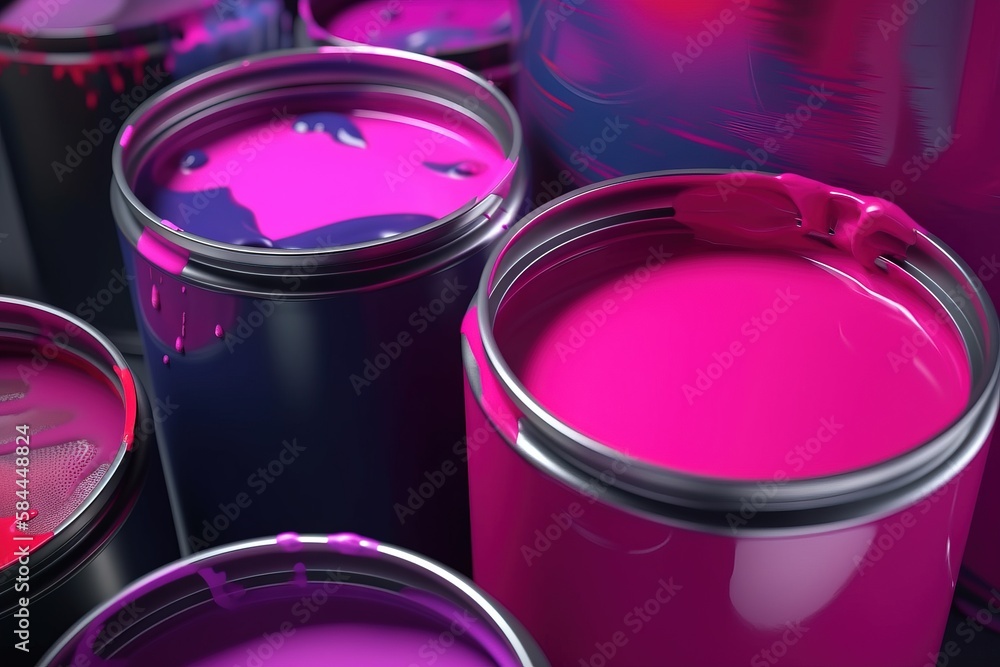  a group of paint cans with pink and purple paint on them and a pink bow on the top of one of the ca