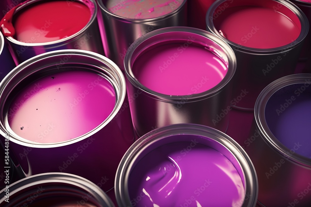  a group of paint cans with different colors of paint in them, all of which are purple and red, all 