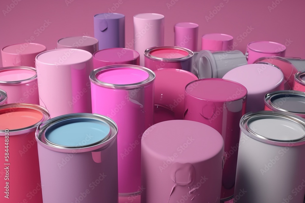  a group of paint cans with different colors of paint on them, all of which are pink and blue, all o