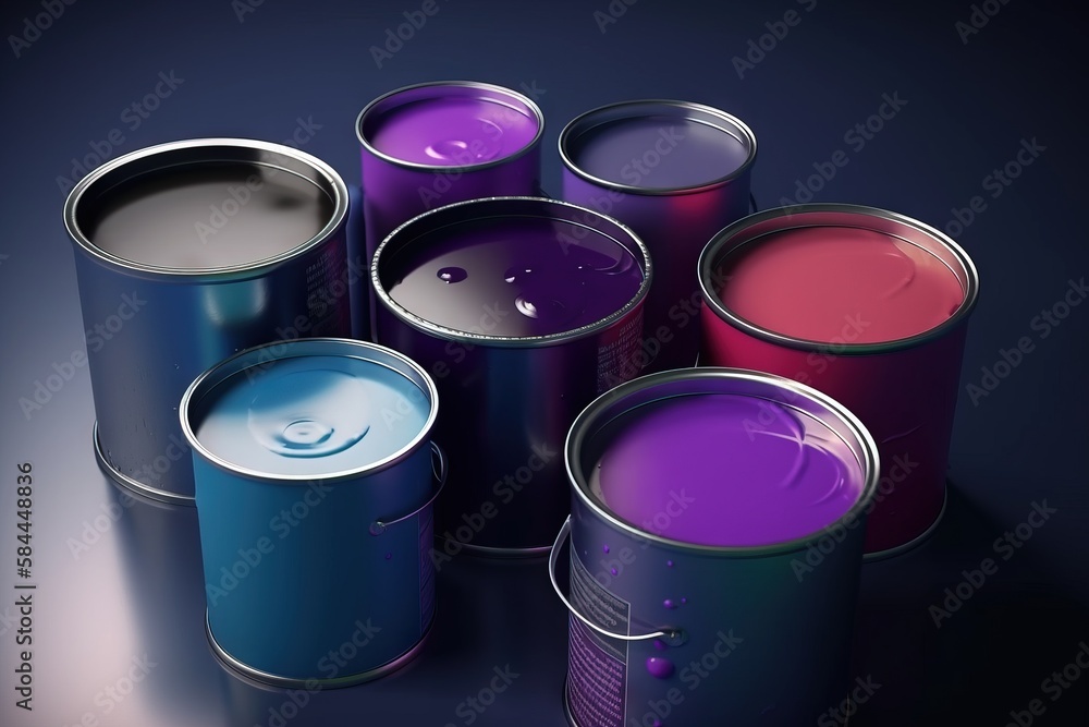  a group of six cans of paint on a dark background with a reflection of the paint on the cans and th