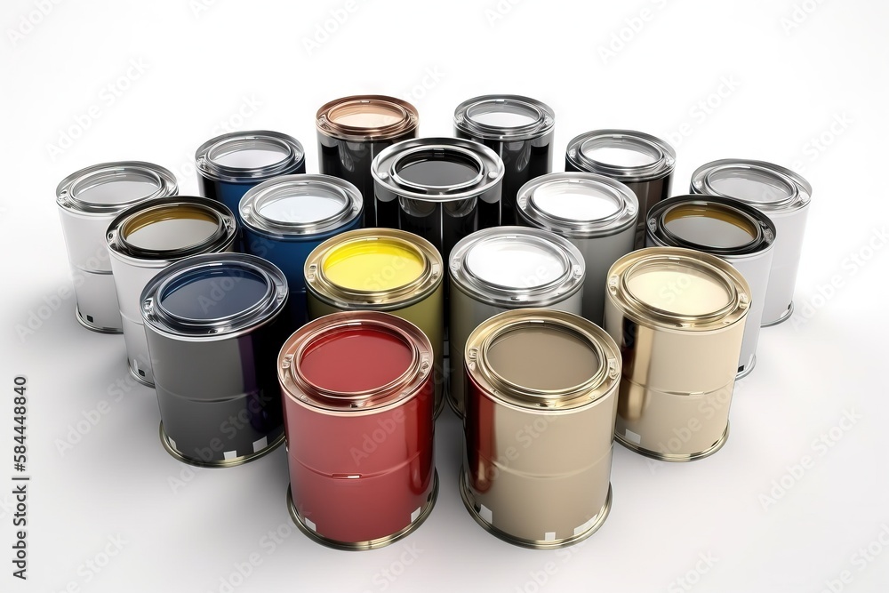  a group of paint cans sitting next to each other on a white surface with a white background and a w