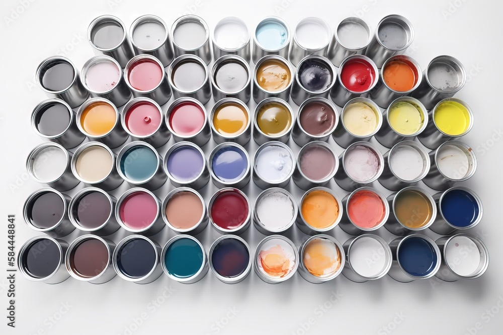  a group of paint cans with different colors of paint in them on a white surface with a white surfac