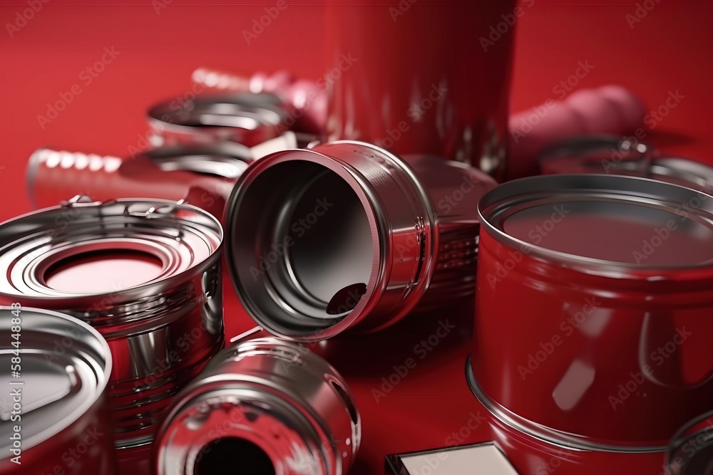  a group of red cans sitting on top of a red table next to a red cup and a red object on the floor n