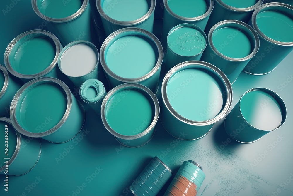  a group of blue paint cans with a can of paint next to them on a blue surface with a brown and whit