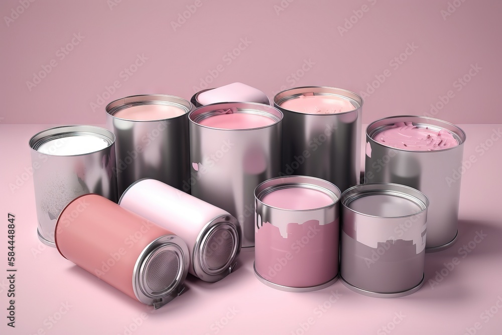  a group of cans of paint sitting on top of a pink table top next to a can of pink paint and a can o