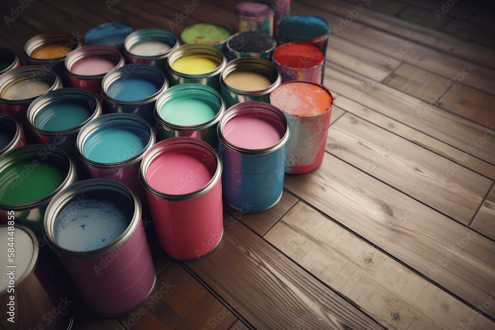  a pile of paint cans sitting on top of a wooden floor next to a can of paint on the floor next to a