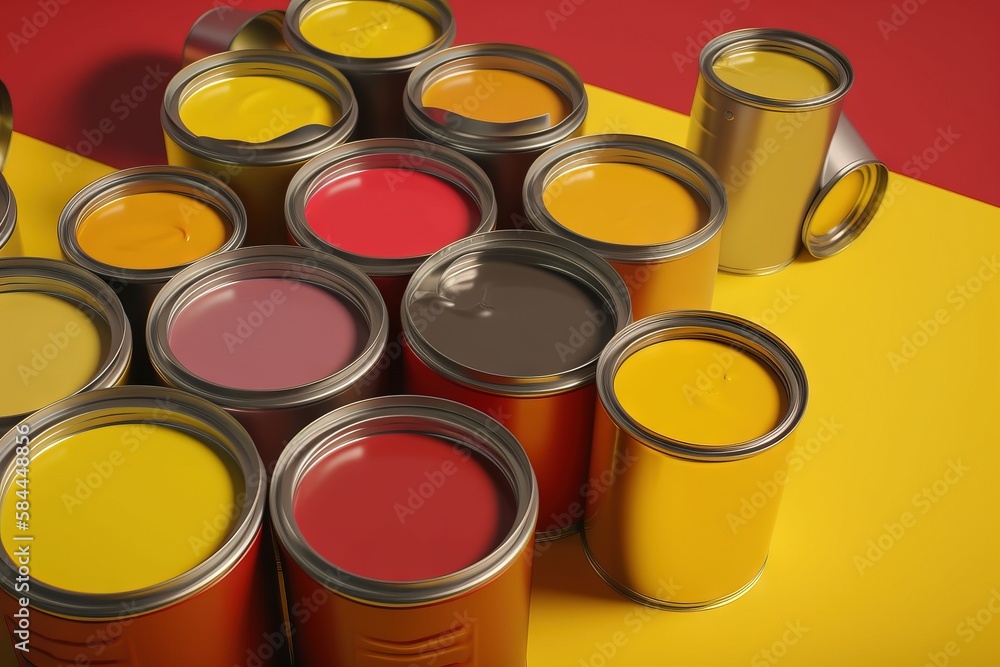  a bunch of cans of paint sitting on top of a yellow and red tablecloth with a red and yellow stripe