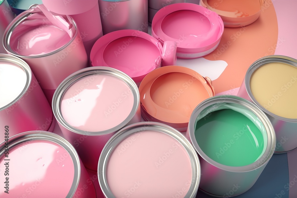  a group of paint cans with different colors of paint in them on a pink and blue background with a w